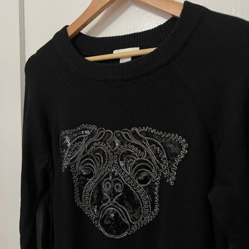 H&M Sequin Pug Dog Lover Black Crewneck Sweater, Size XS, Great Used Condition
